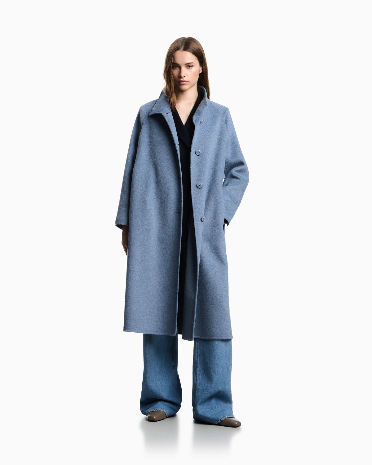 Mock-neck wool-blend coat with matching belt