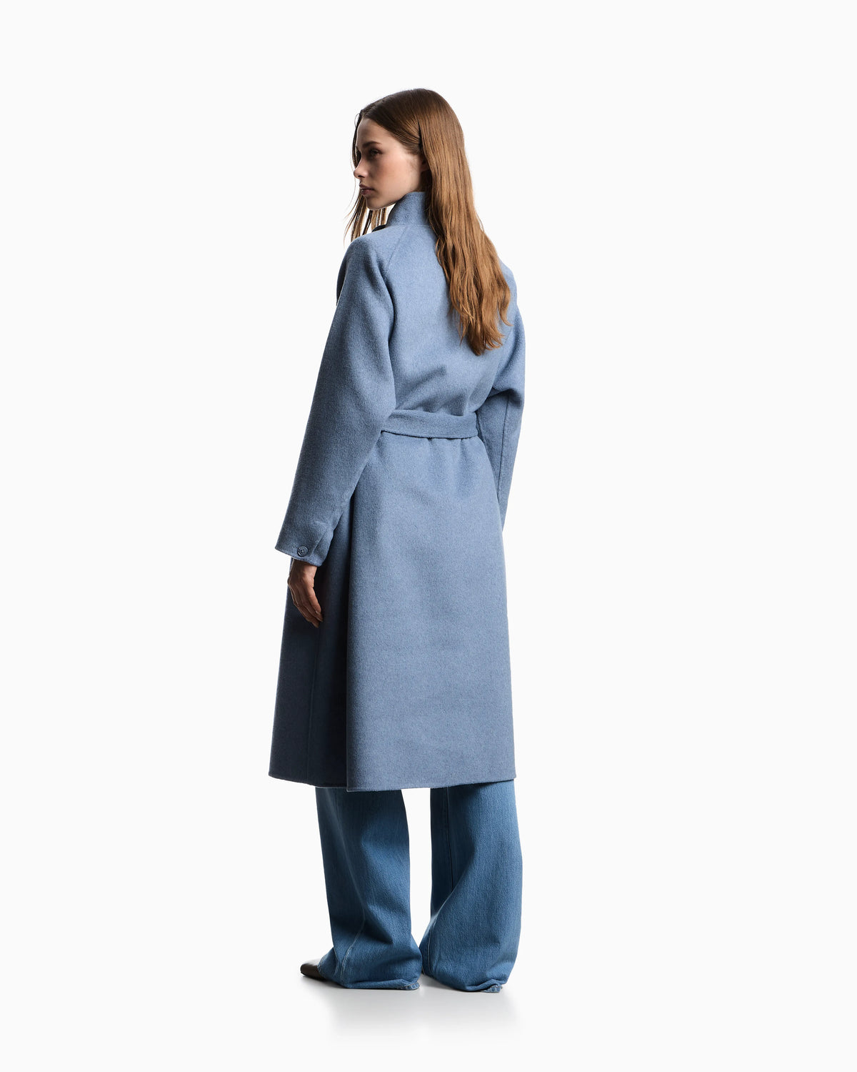 Mock-neck wool-blend coat with matching belt