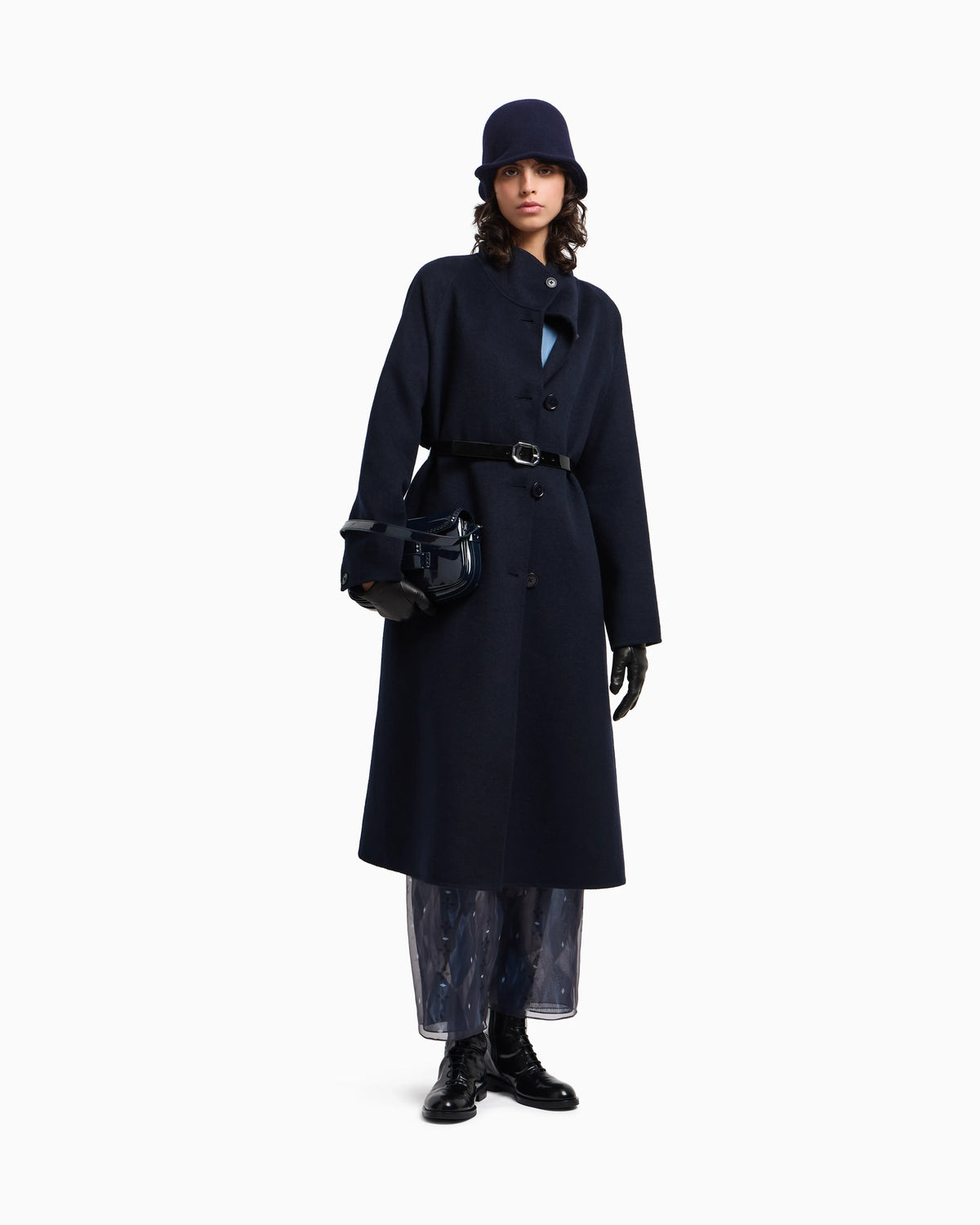 Mock-neck wool-blend coat with matching belt