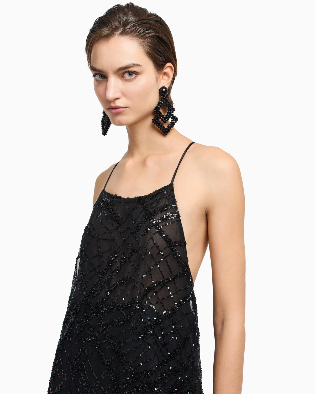Long tulle dress with all-over micro-sequin and jet embroidery