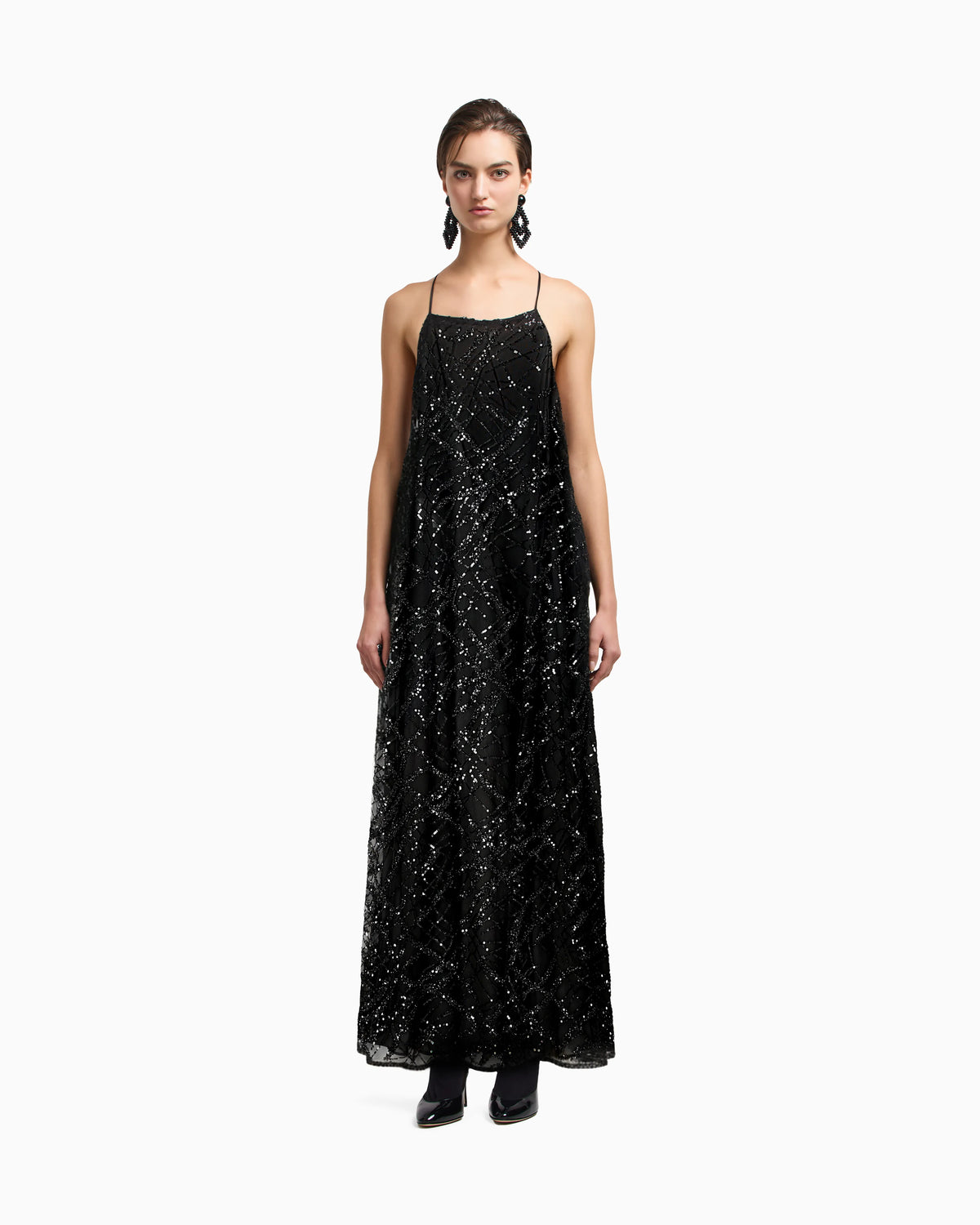 Long tulle dress with all-over micro-sequin and jet embroidery