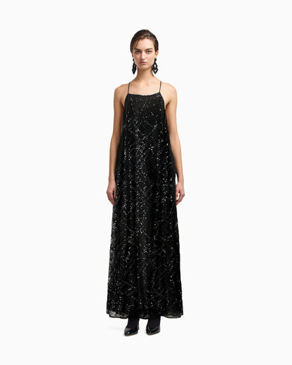 Long tulle dress with all-over micro-sequin and jet embroidery
