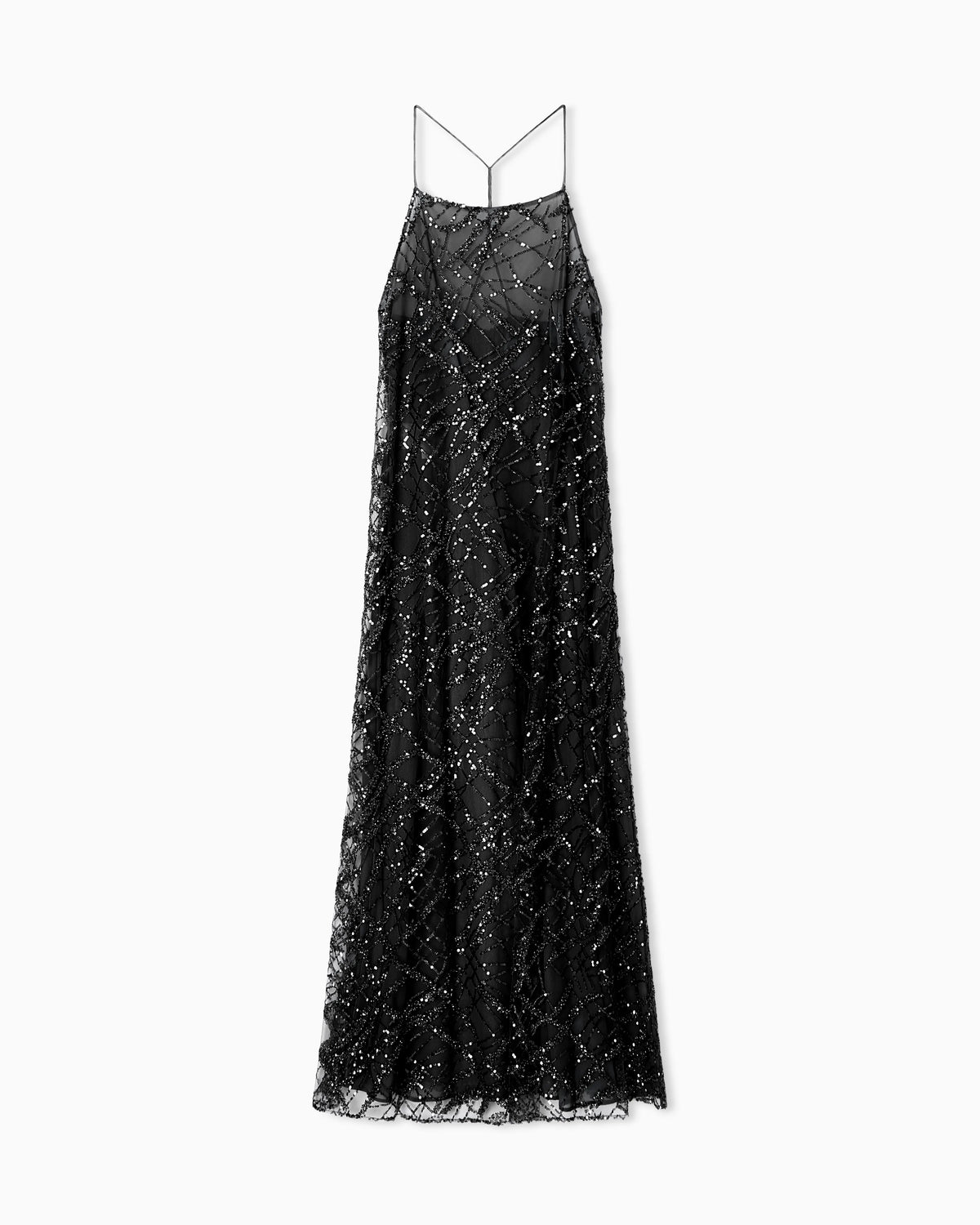 Long tulle dress with all-over micro-sequin and jet embroidery