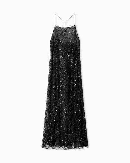 Long tulle dress with all-over micro-sequin and jet embroidery