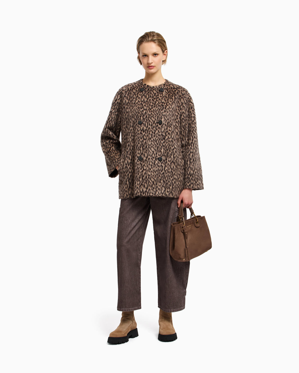 Double-breasted animal-print wool-blend pea coat