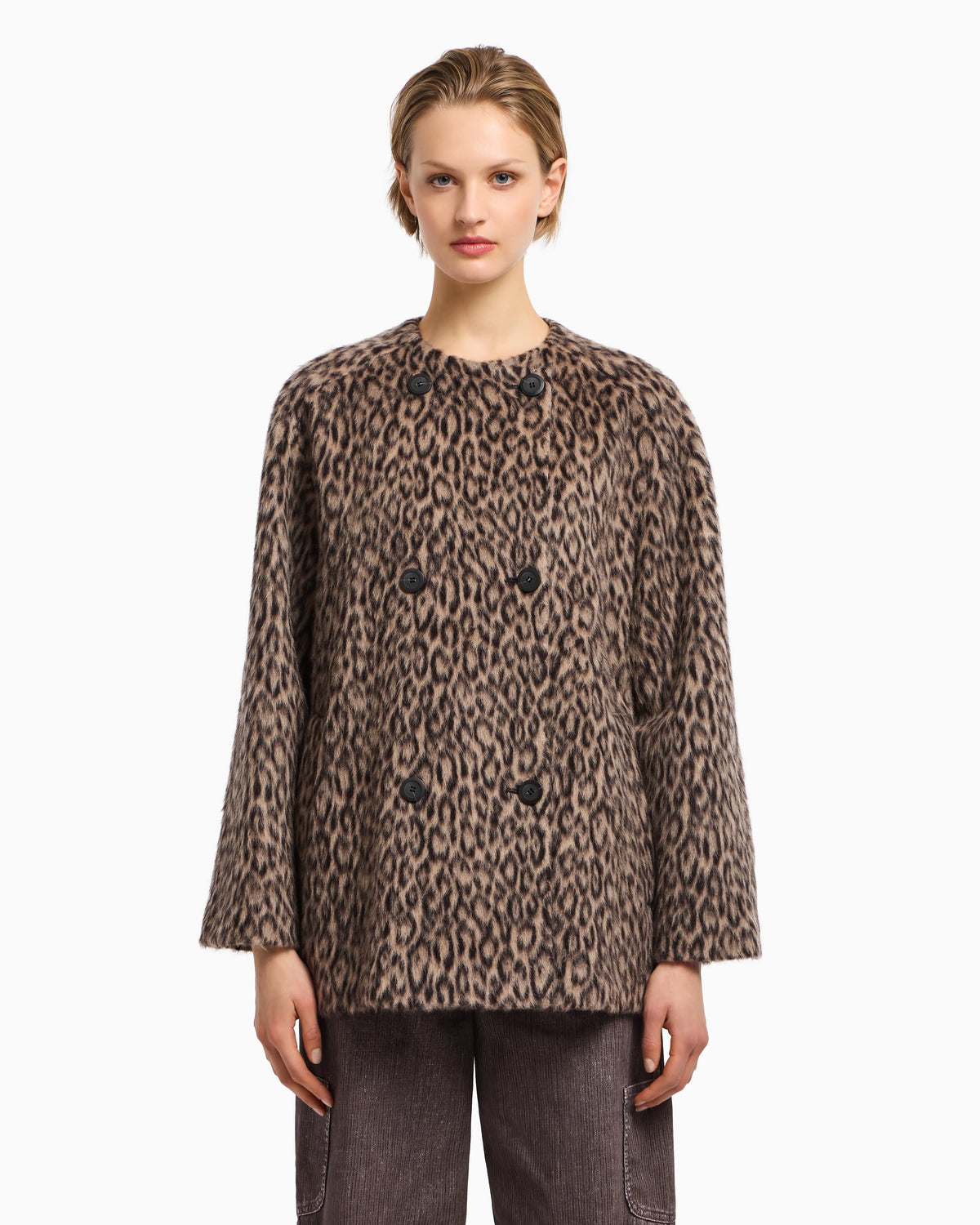 Double-breasted animal-print wool-blend pea coat