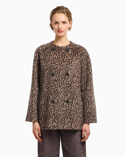 Double-breasted animal-print wool-blend pea coat