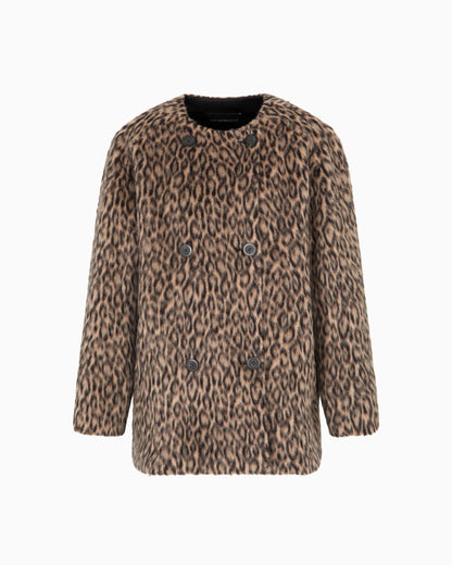 Double-breasted animal-print wool-blend pea coat