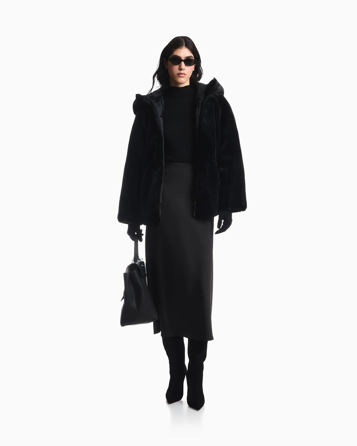 Caban coat in faux fur with a hood and zip closure