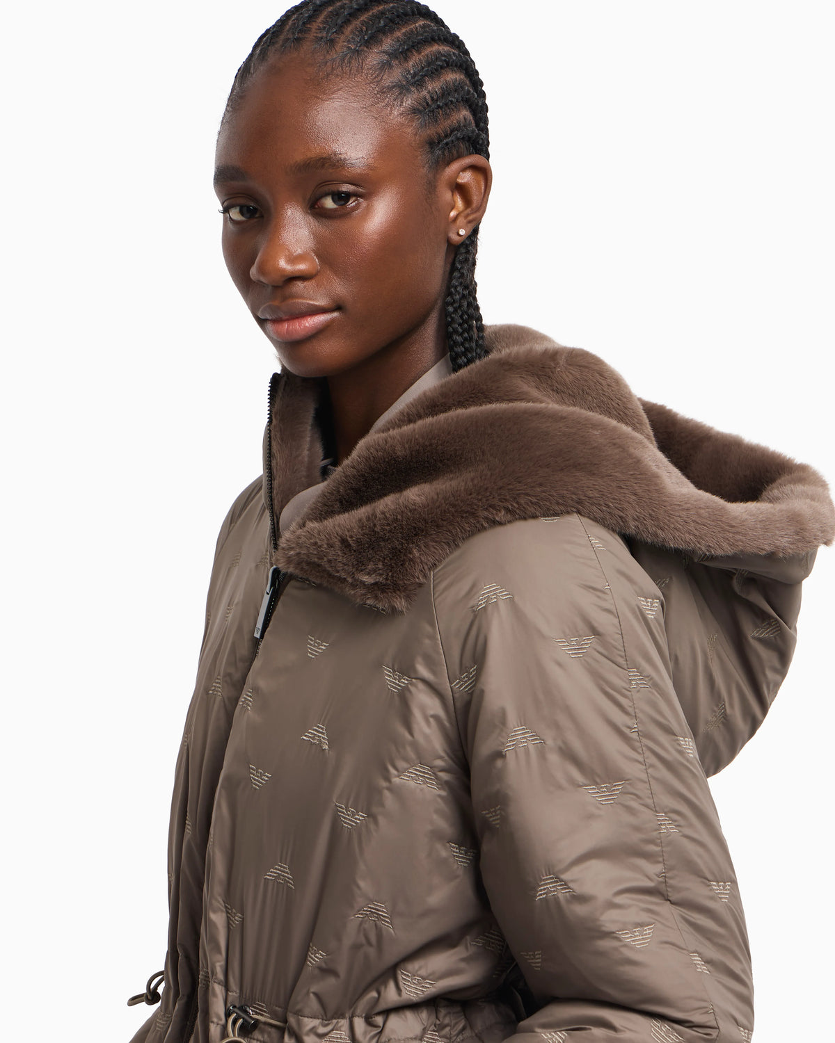 Caban coat in faux fur with a hood and zip closure