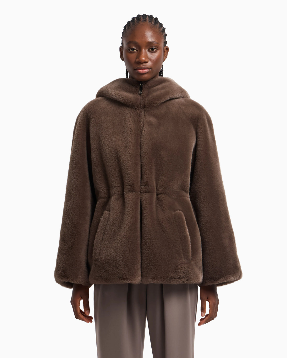 Caban coat in faux fur with a hood and zip closure