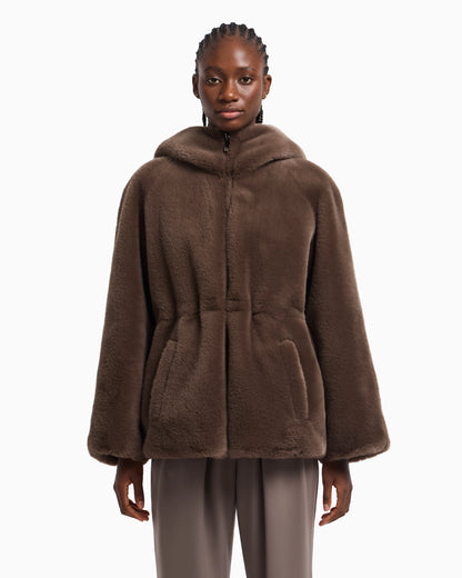 Caban coat in faux fur with a hood and zip closure