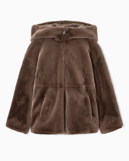 Caban coat in faux fur with a hood and zip closure