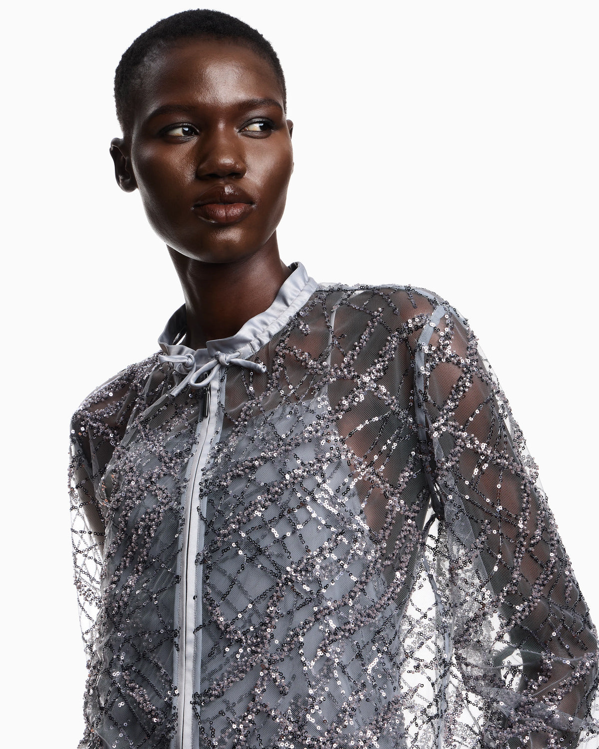 Zipped bolero in tulle with all-over micro-sequin and jet embroidery