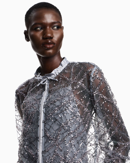 Zipped bolero in tulle with all-over micro-sequin and jet embroidery