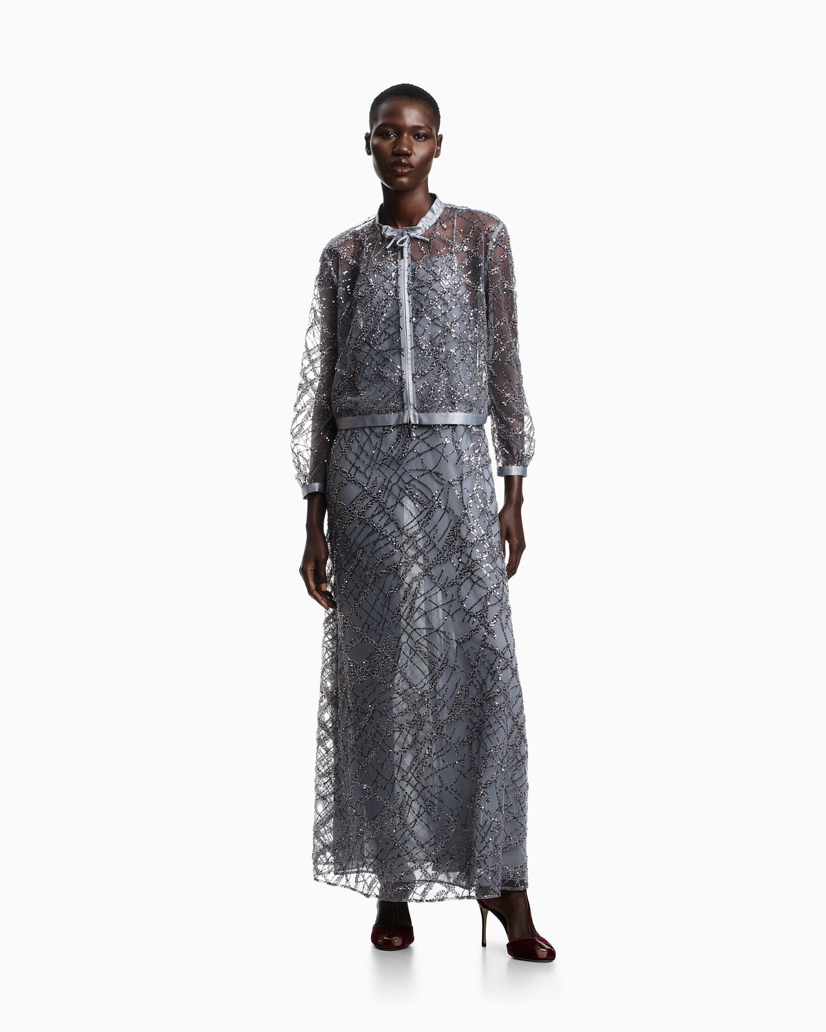 Zipped bolero in tulle with all-over micro-sequin and jet embroidery