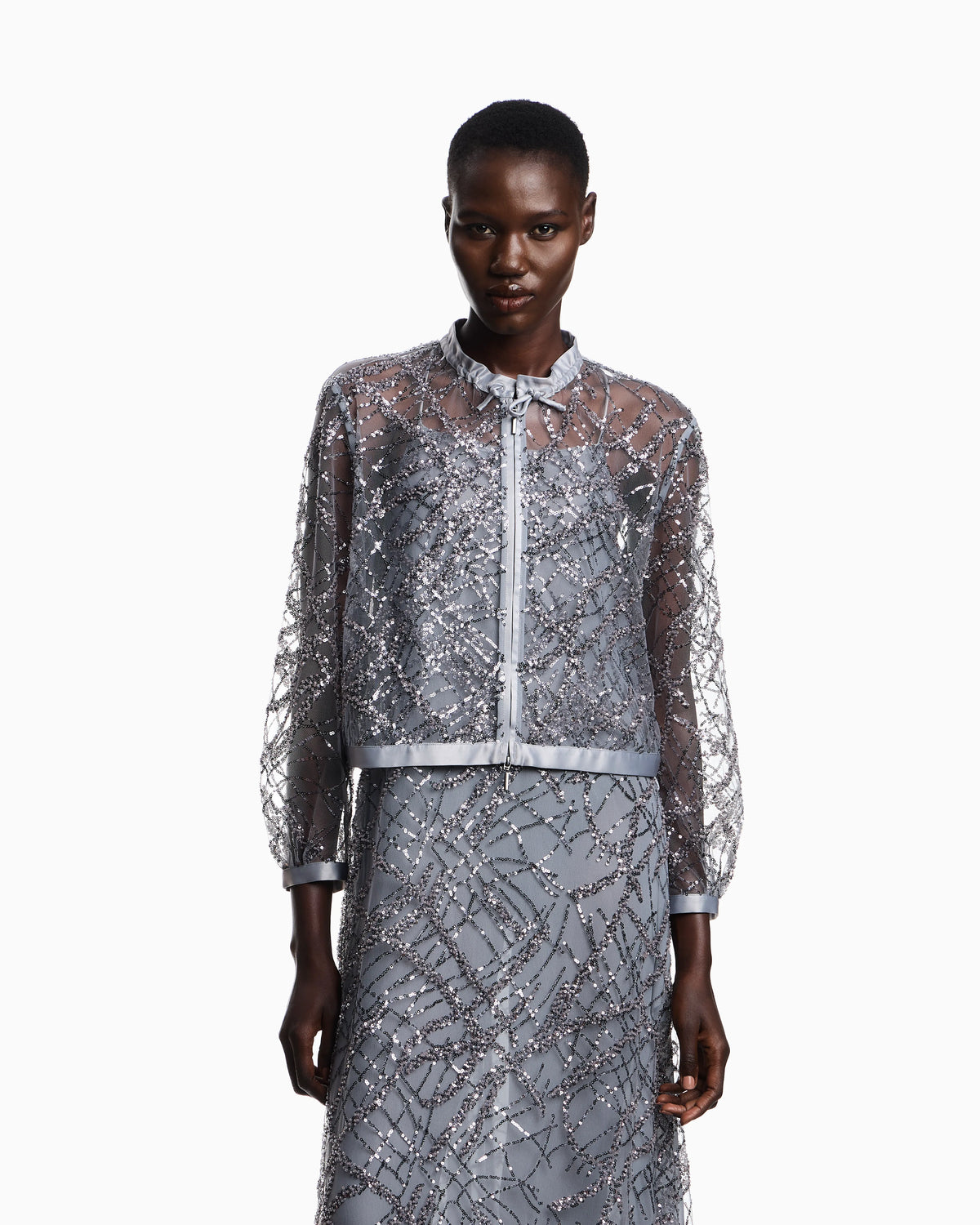Zipped bolero in tulle with all-over micro-sequin and jet embroidery