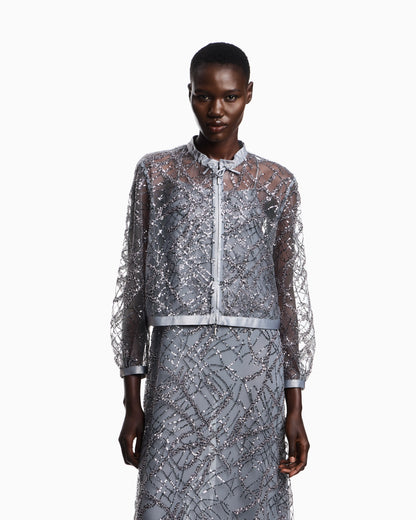 Zipped bolero in tulle with all-over micro-sequin and jet embroidery
