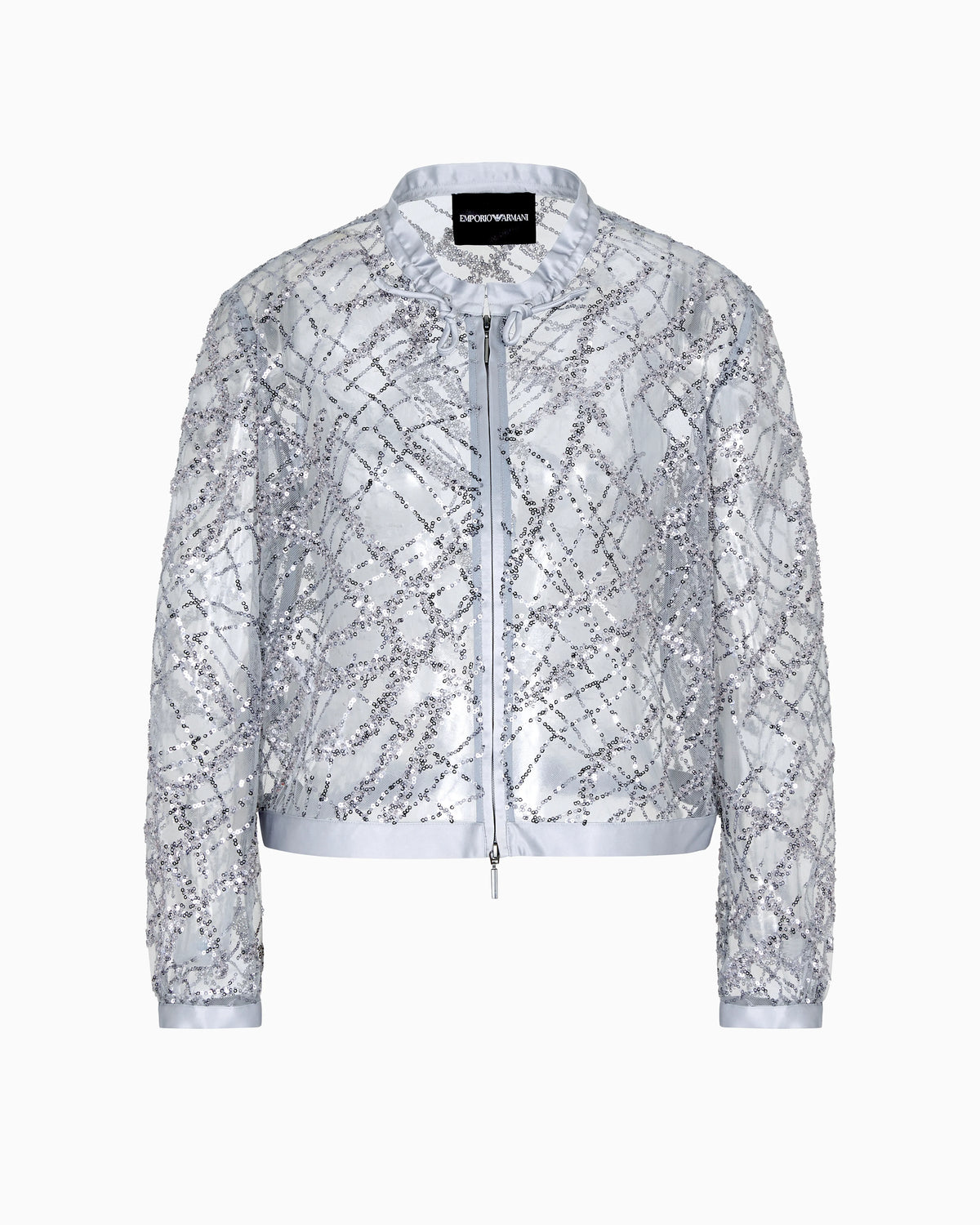 Zipped bolero in tulle with all-over micro-sequin and jet embroidery