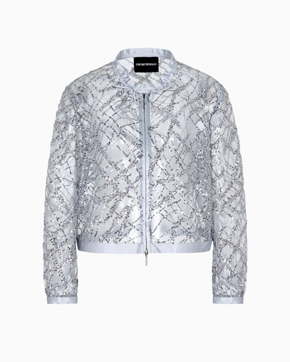 Zipped bolero in tulle with all-over micro-sequin and jet embroidery