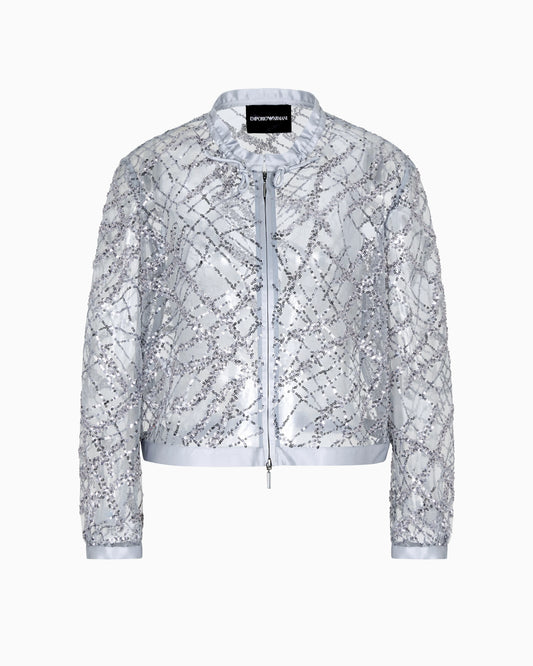 Zipped bolero in tulle with all-over micro-sequin and jet embroidery