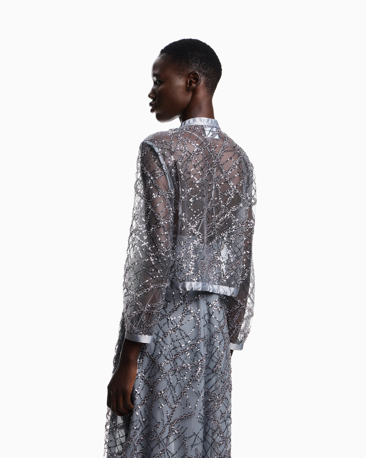Zipped bolero in tulle with all-over micro-sequin and jet embroidery