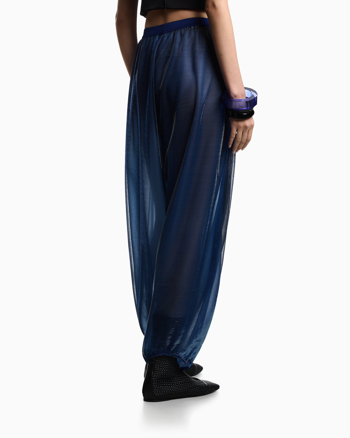 Wide trousers in iridescent knit mesh