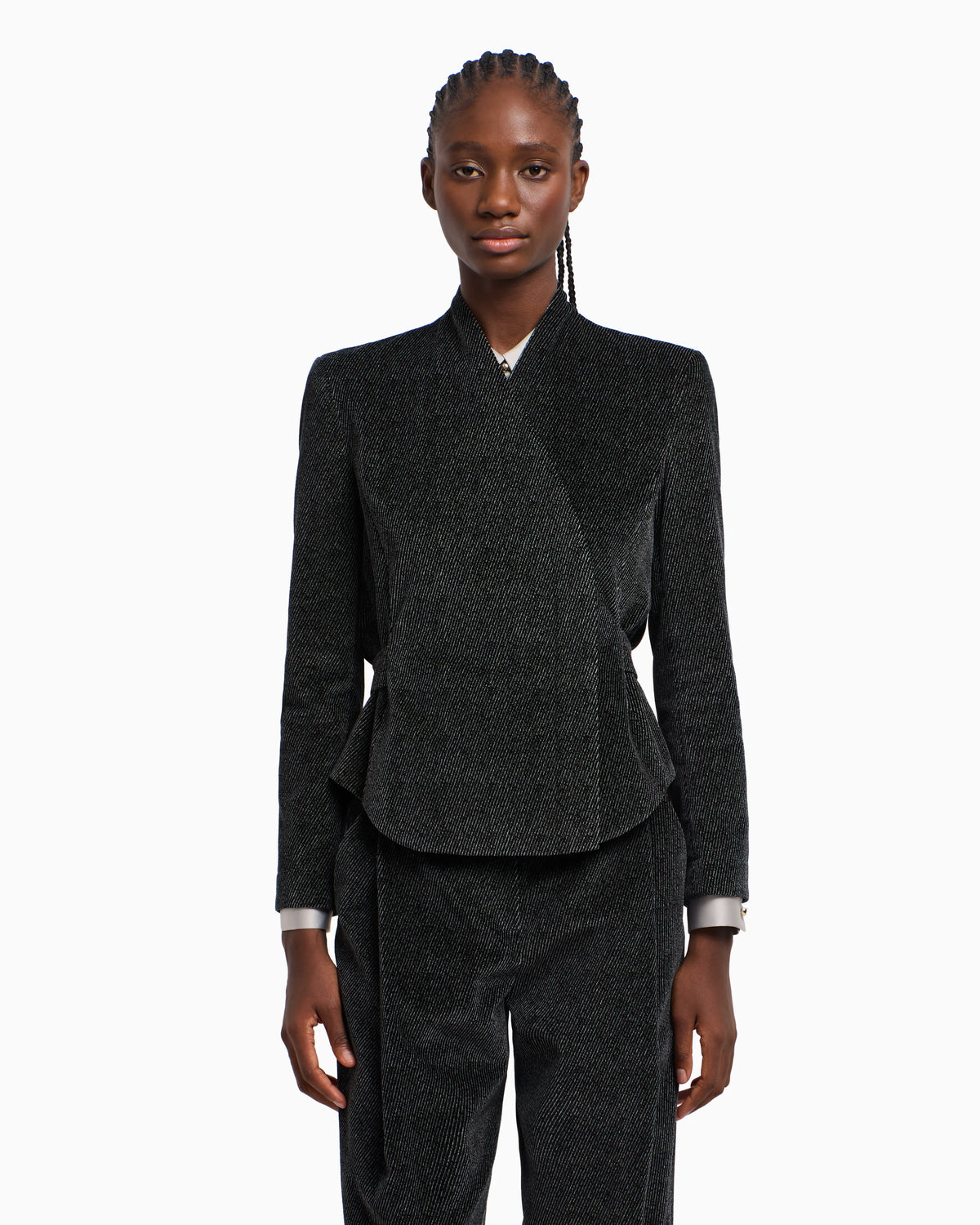 Cavalry-effect printed velvet jacket with off-centre fastening