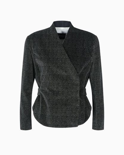 Cavalry-effect printed velvet jacket with off-centre fastening