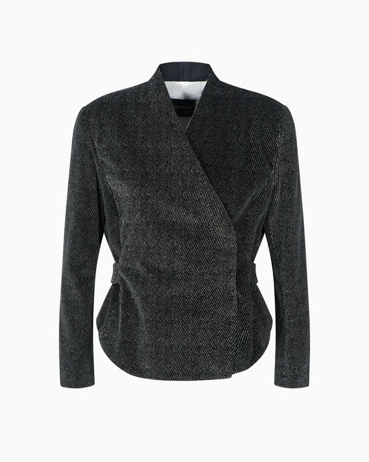 Cavalry-effect printed velvet jacket with off-centre fastening
