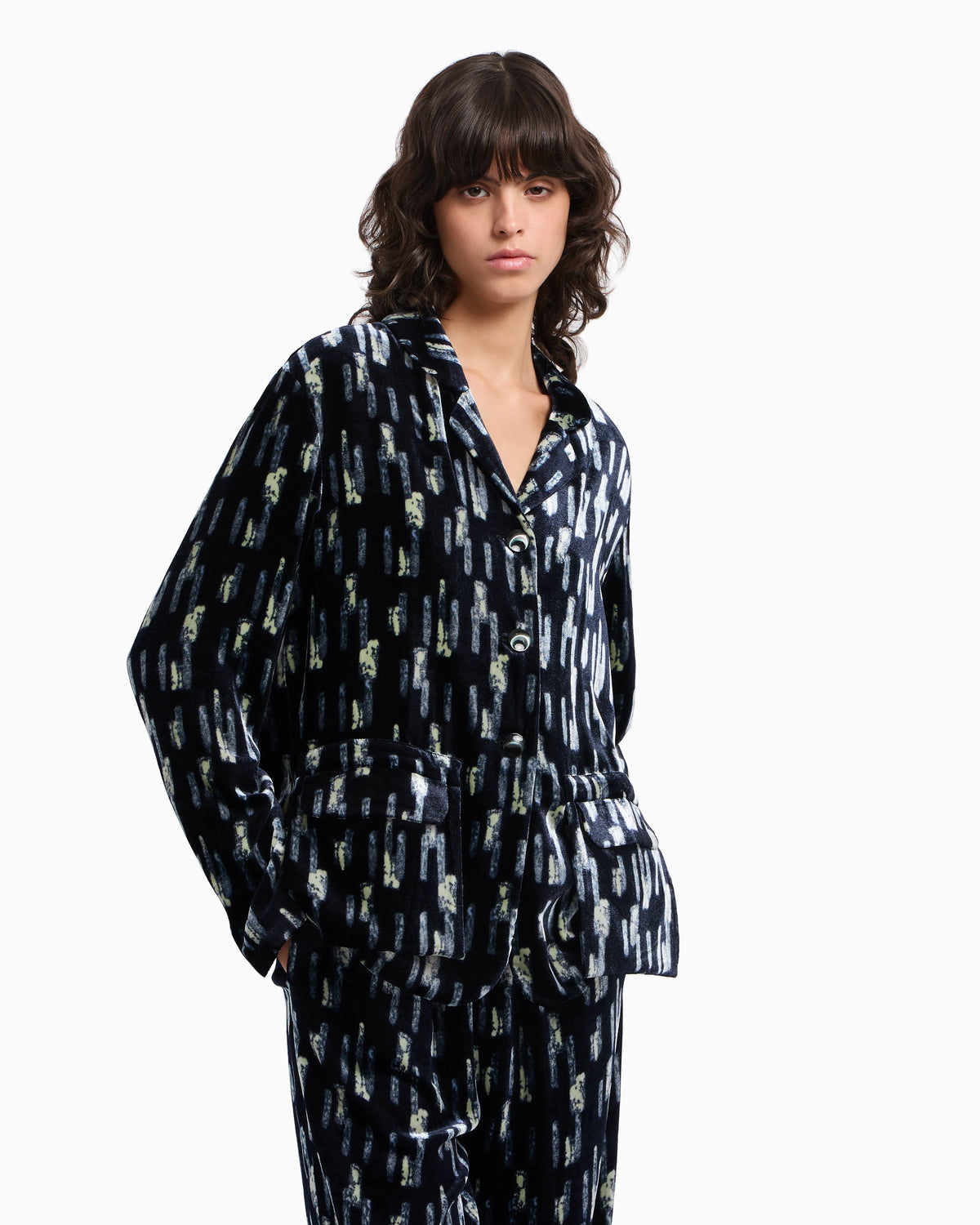 Printed velvet single-breasted blazer