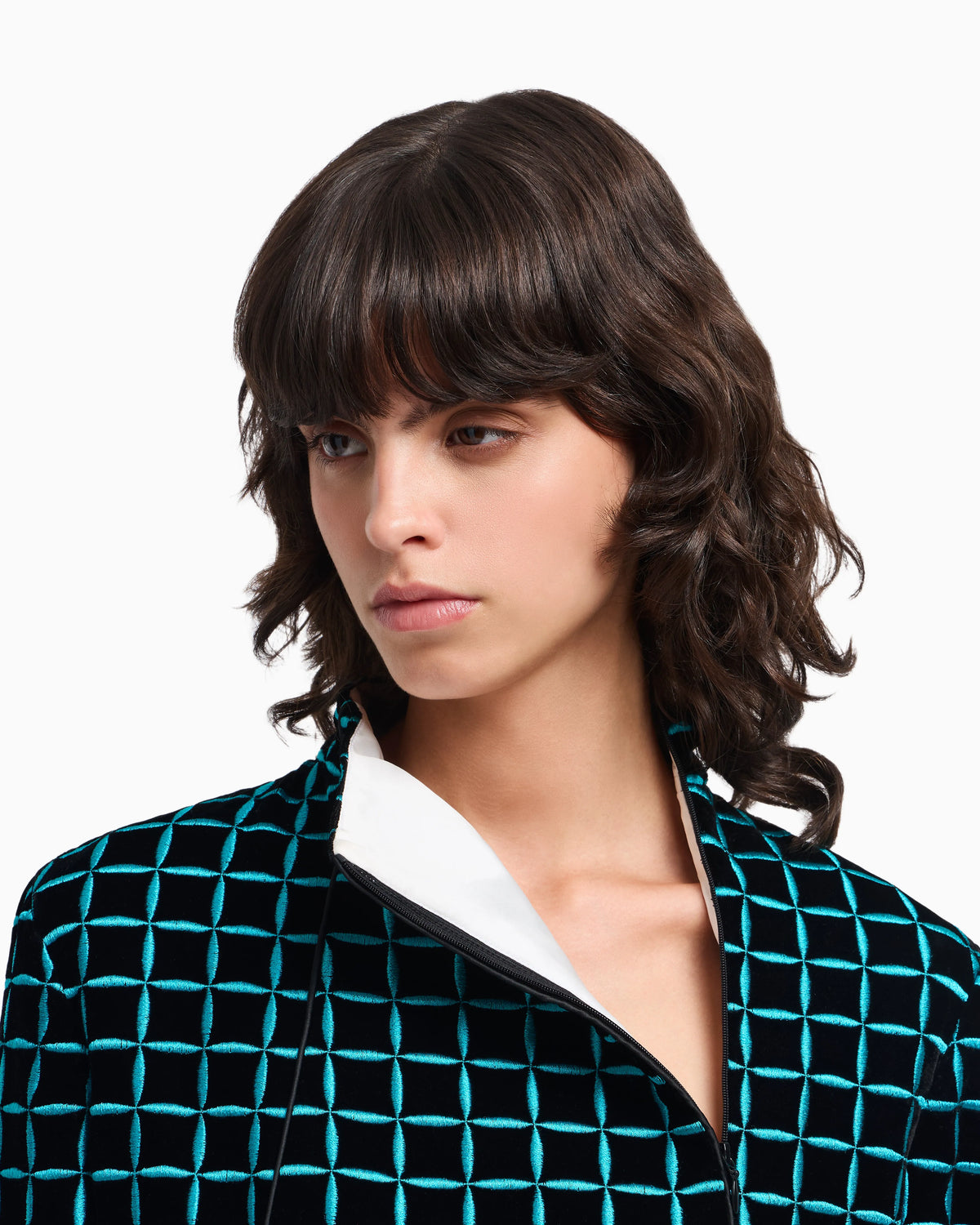 Velvet jacket with embroidered check motif