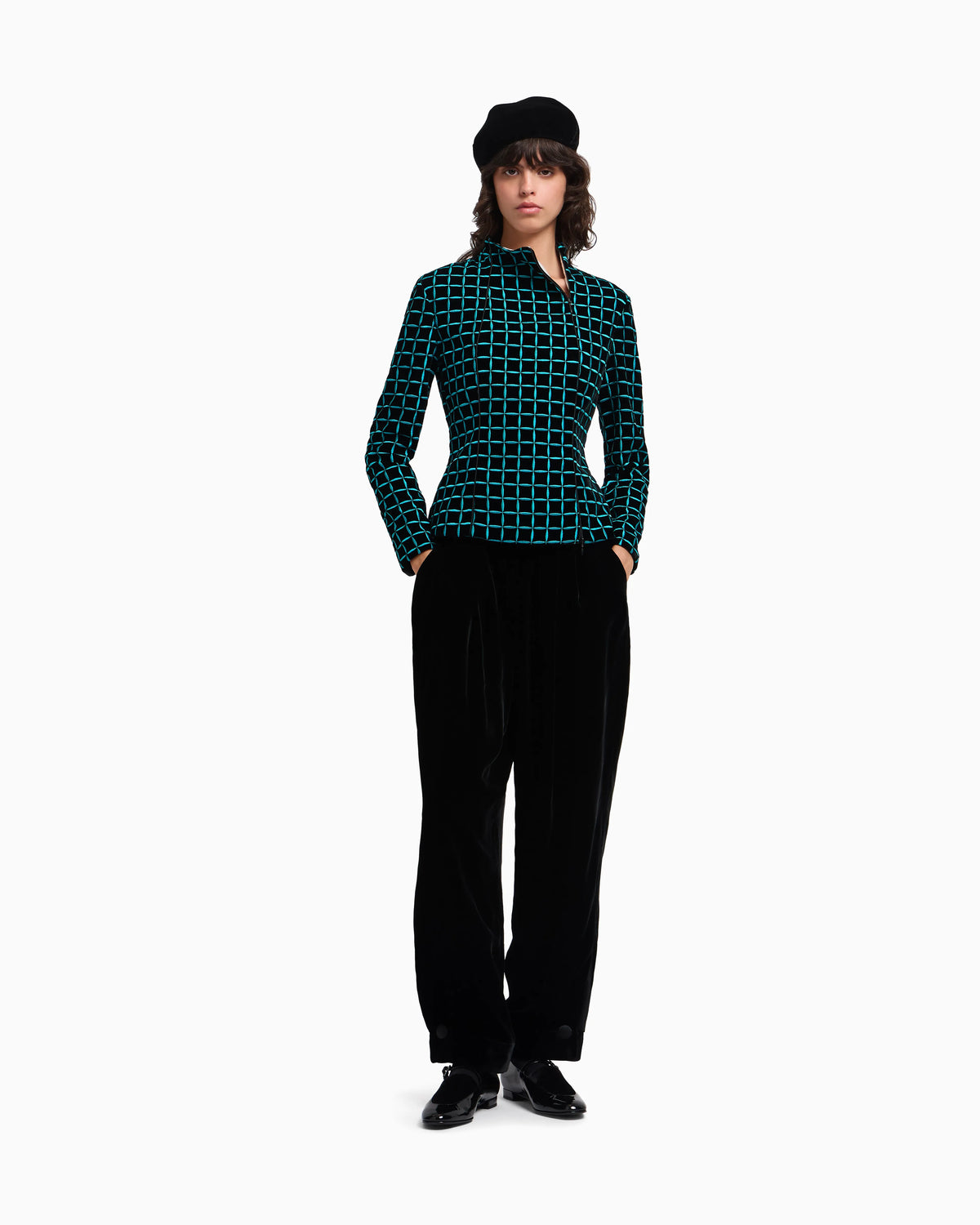 Velvet jacket with embroidered check motif