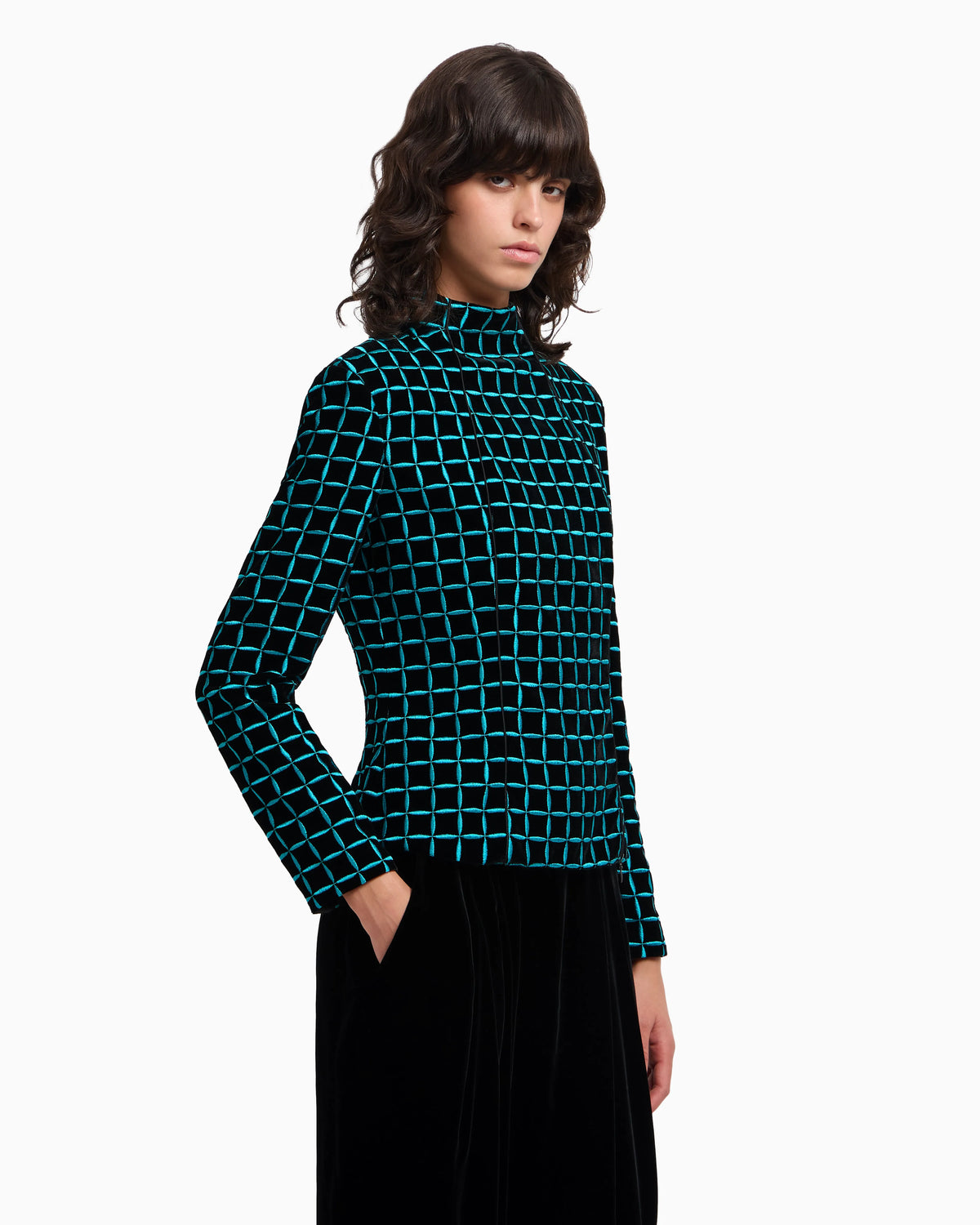Velvet jacket with embroidered check motif
