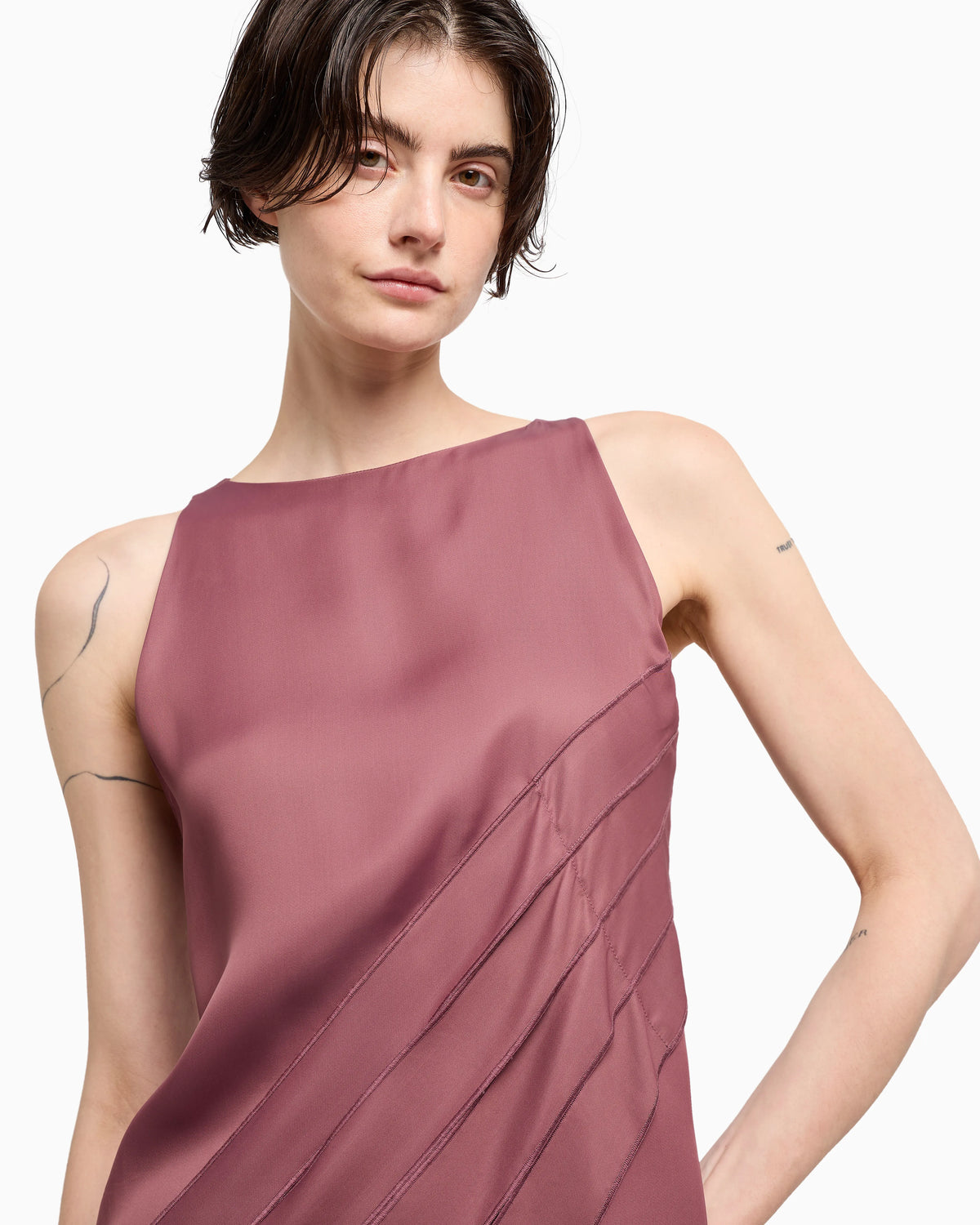Polygon capsule collection dress with satin-fringed details