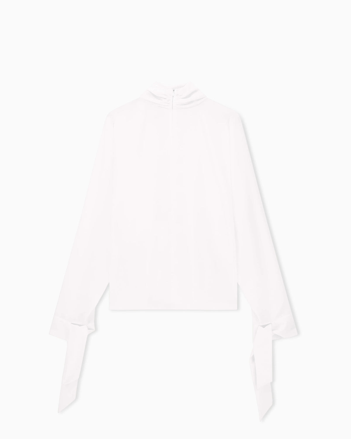 Blouse in recycled crepe with high neckline and tie cuffs