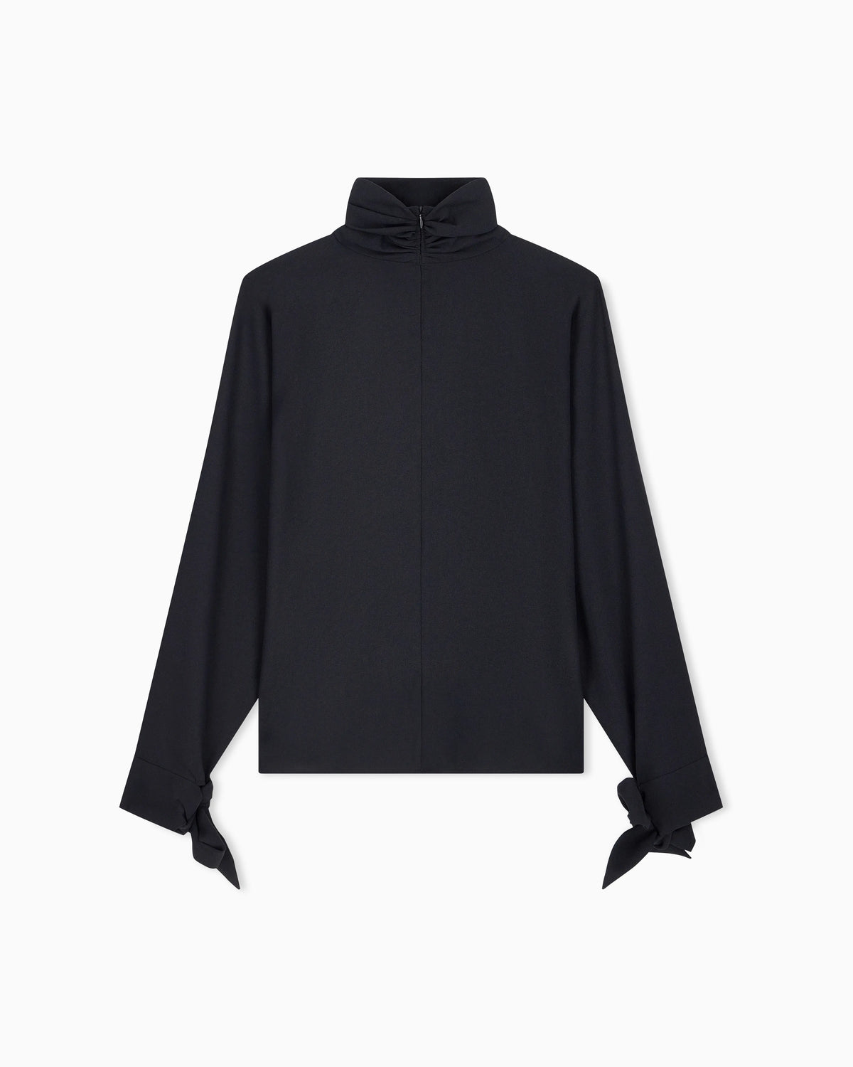 Blouse in recycled crepe with high neckline and tie cuffs