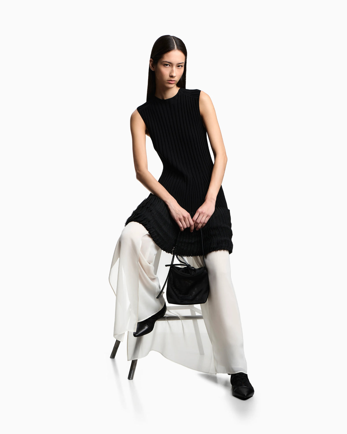 ribbed-knit dress with pleated detail