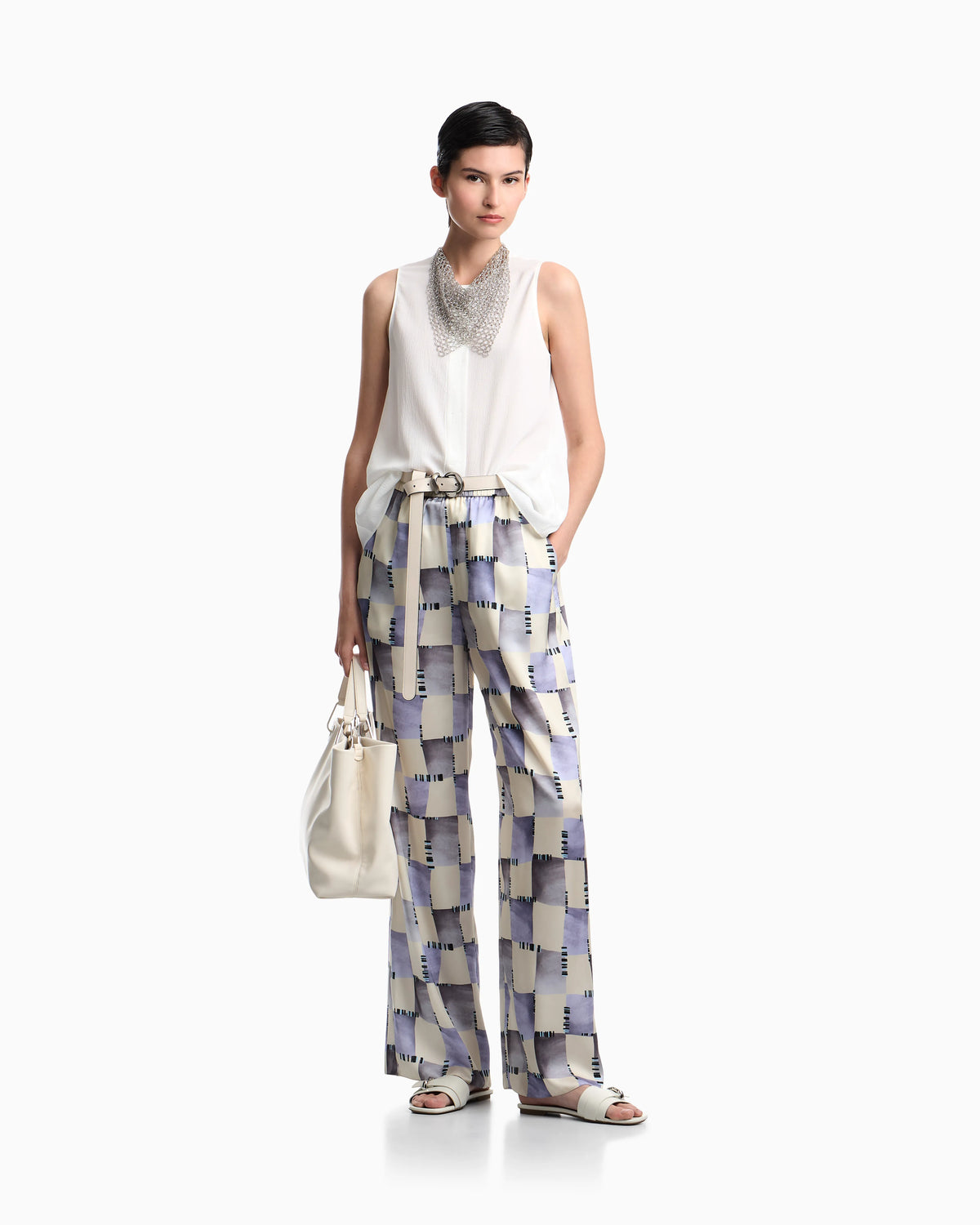 Satin trousers with check print
