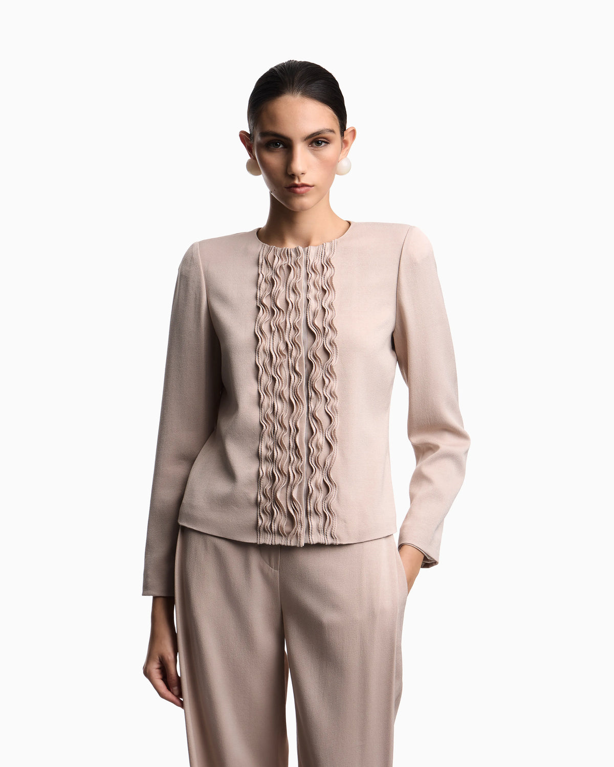 Armure fabric jacket with ruffles