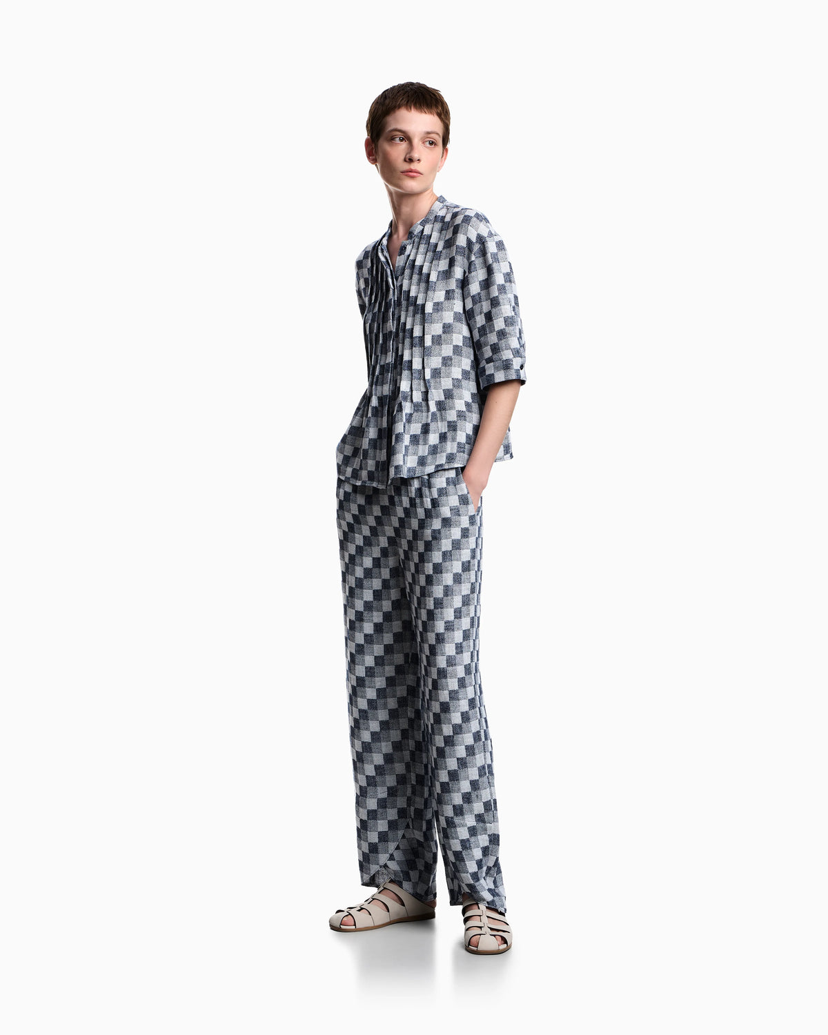 Check linen gauze shirt