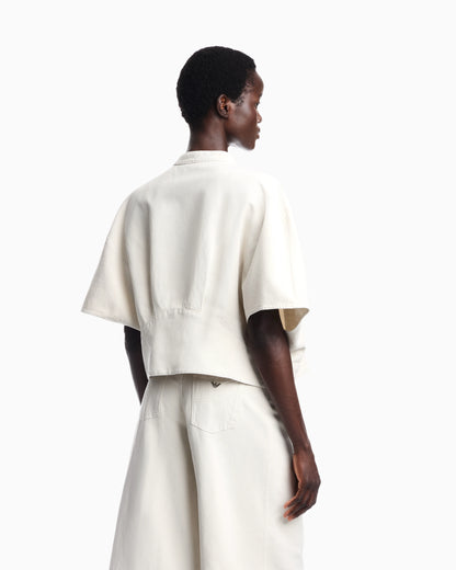 Linen-blend canvas shirt jacket with embroidery