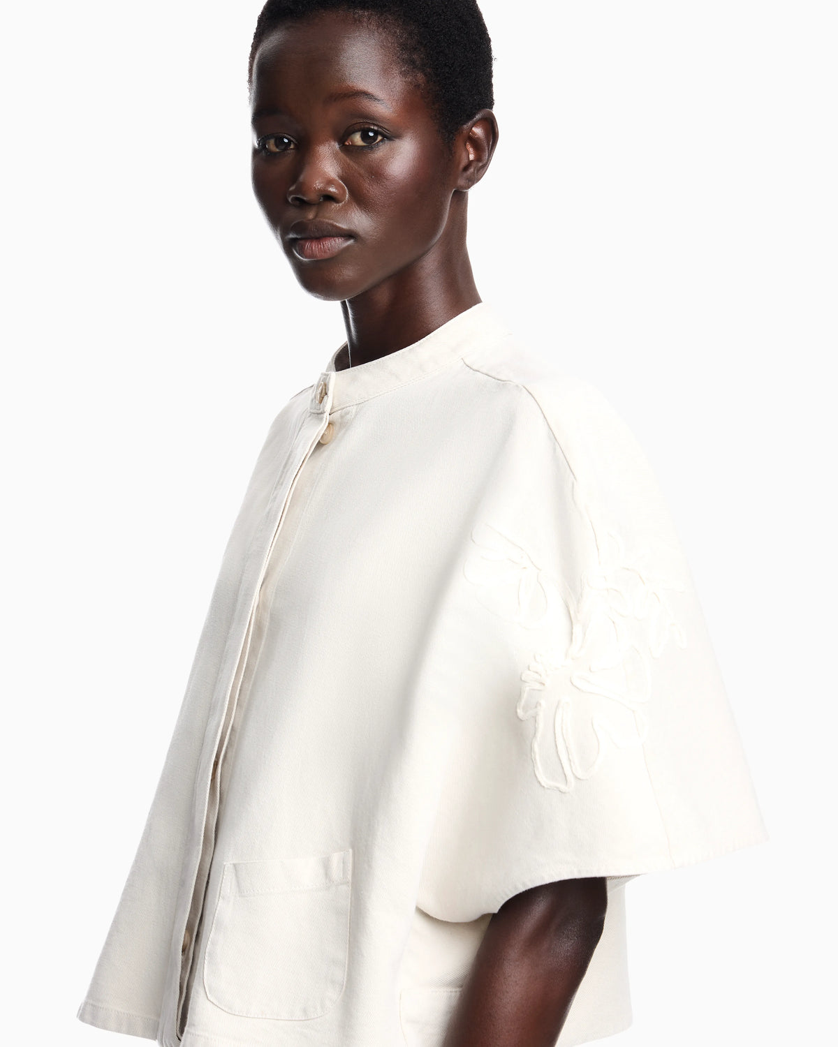 Linen-blend canvas shirt jacket with embroidery