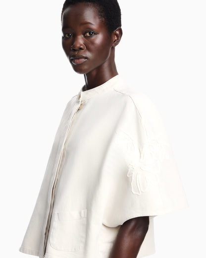 Linen-blend canvas shirt jacket with embroidery