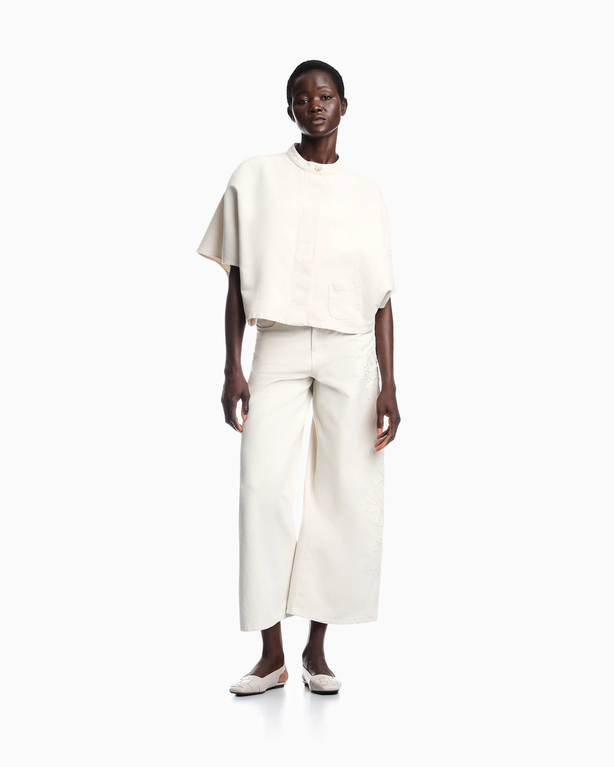 Linen-blend canvas shirt jacket with embroidery