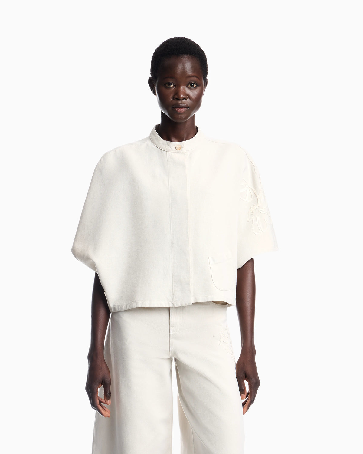 Linen-blend canvas shirt jacket with embroidery