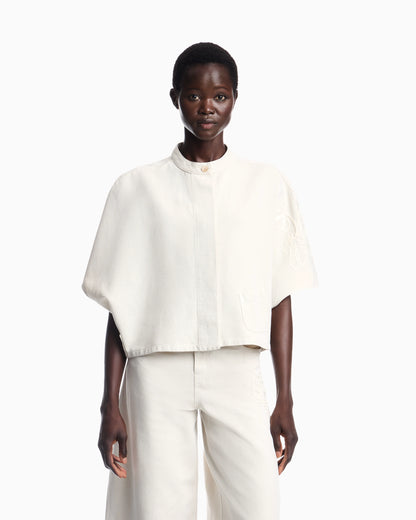 Linen-blend canvas shirt jacket with embroidery