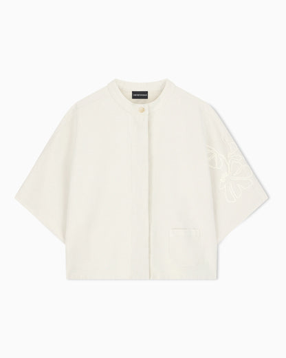 Linen-blend canvas shirt jacket with embroidery