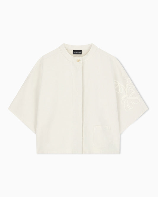 Linen-blend canvas shirt jacket with embroidery