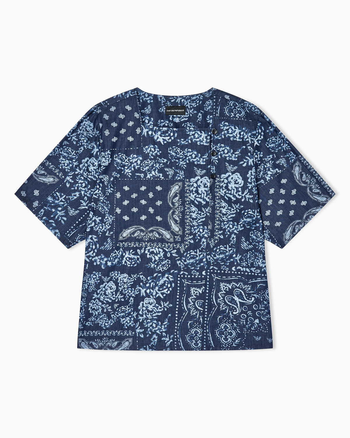 Bandana print chambray blouse